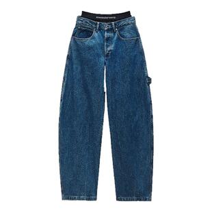Alexander Wang26春夏女士潮酷双腰头水洗工装阔腿牛仔裤 301574