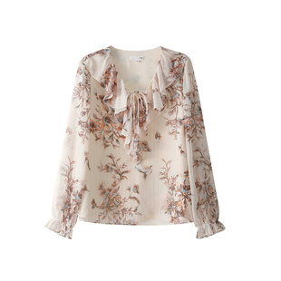 OSA欧莎法式V领复古印花雪纺衫女秋季新款独特别致宽松荷叶边上衣