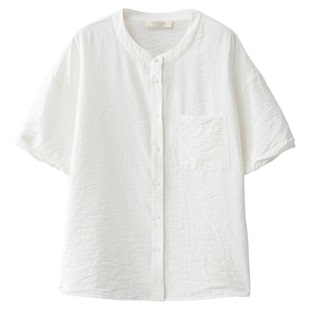 SILVIYE/溯也真丝干丝短袖圆领休闲衬衫桑蚕丝泡泡袖衬衣宽松上衣