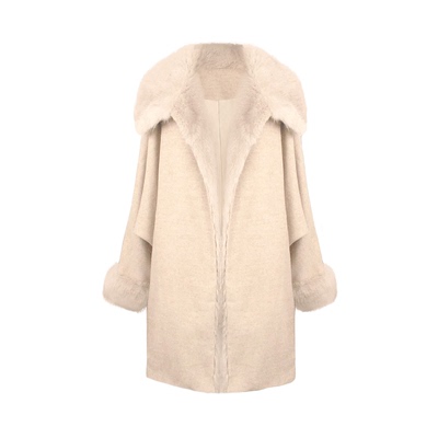 YANN M原创设计法式秋冬毛毛翻领米杏色尼大衣优雅蝙蝠袖茧型外套