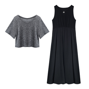 大码女装胖mm显瘦夏装【凹细腰线】真两件罩衫韩范连衣裙两件套装