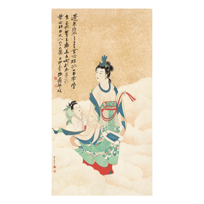 仕女图人物国画抽象画字画装裱-张大千-蟠桃献寿名家字画复制品