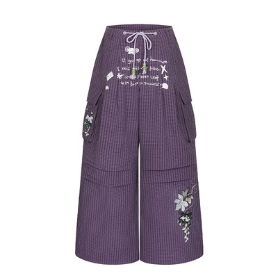 葡萄紫可爱英文格子裤