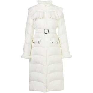 2025冬季新款时尚气质立领荷叶边兔毛装饰杏色肌理中长羽绒服