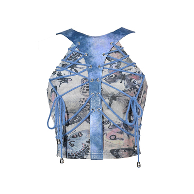 蝴蝶印花绑带挂脖上衣