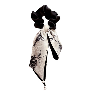 新中式国风祥云纹发绳缎面蝴蝶结高级感印纹肥肠圈珍珠坠新款头绳