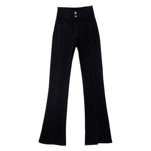 黑色弹力牛仔裤女秋冬加绒窄版直筒大码胖mm小个子显瘦九分烟管裤