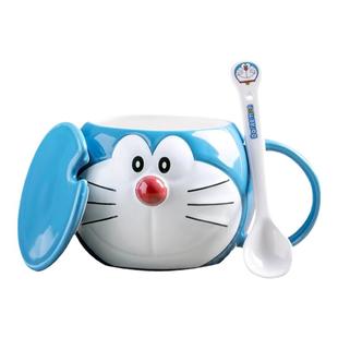 哆啦A梦儿童水杯陶瓷可爱机器猫蓝胖子碗盘套装家用叮当猫带盖杯