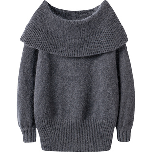 震撼到了！2024秋冬 羊绒衫女黑灰一字肩翻领长袖针织羊绒毛衣