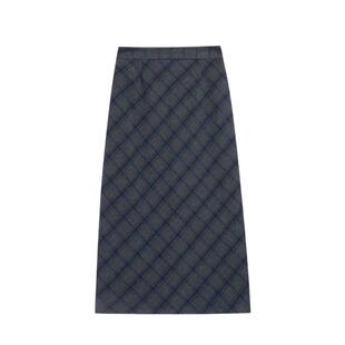紫涵羊毛灰格半身裙女2025年冬季新款复古高腰后开叉修身直筒裙子