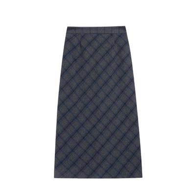 紫涵羊毛灰格半身裙女2025年冬季新款复古高腰后开叉修身直筒裙子