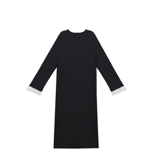 柒院家微胖大码女赫本风长袖连衣裙2025秋宽松遮肉显瘦撞色中长裙