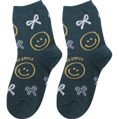 韩国吸汗女棉蝴蝶结笑脸中筒袜子