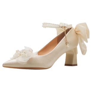 法式高跟鞋女婚鞋禾秀婚纱两穿粗跟不累脚绝美脚环珍珠绑带新娘鞋