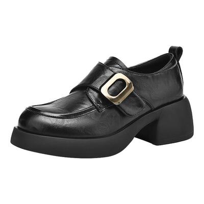 达芙妮厚底粗跟乐福鞋黑色小皮鞋