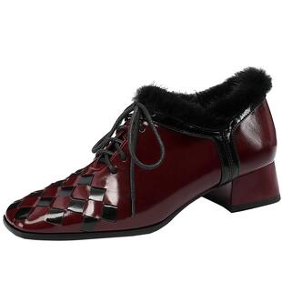 秋冬通勤百搭新款方头加绒深口鞋系带皮鞋女洋气编织真皮粗跟单鞋