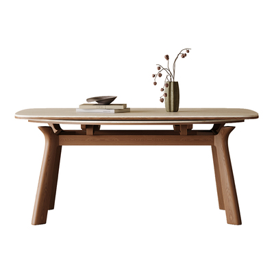 一栖一木洞石岩板实木餐桌可伸缩