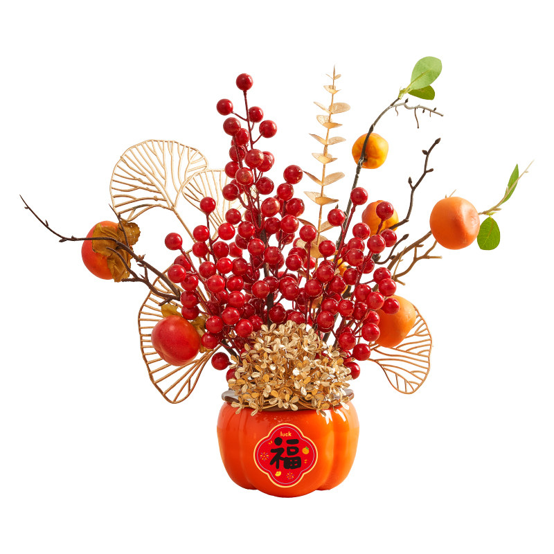 新年柿子柿柿如意摆件过年装饰花束年宵花仿真假花插花红果发财果