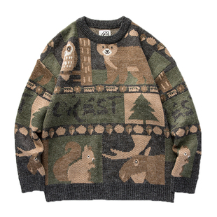 悟空有货ins复古卡通图案毛衣男潮牌街头宽松情侣套头休闲针织衫