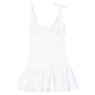 SANDRO2025春夏女装法式气质修身单边系带白色荷叶边短款连衣裙