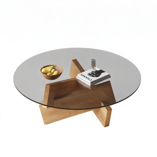 玻璃茶几实木家用客厅中古轻奢高级感圆形茶几小户型法式创意小桌