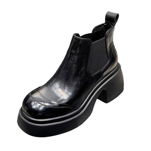 真皮粗跟厚底马丁靴女2025秋冬新款松紧口英伦风增高切尔西短靴潮