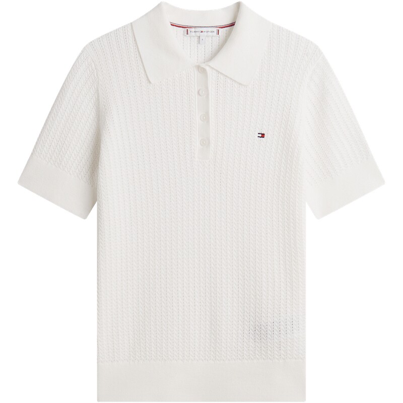 Tommy女装镂空绞花纯色针织POLO