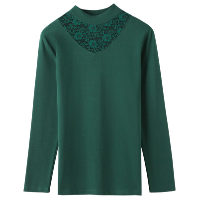 加绒加厚打底衫女2025年新款秋冬保暖内搭半高领蕾丝纯棉黑色上衣