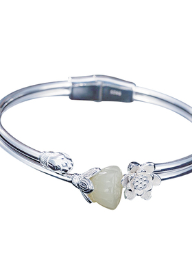 镶嵌和田玉开口古风银手镯