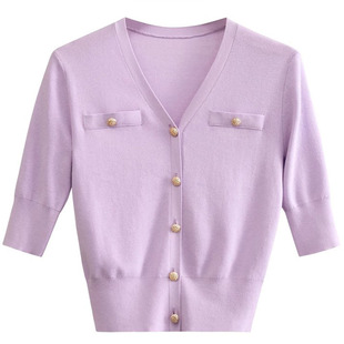 Amii法式短款针织开衫女春秋款小个子中袖v领内搭全棉毛衣针织衫