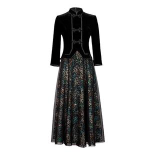 名兰世家（梅弄影）假两件妈妈连衣裙复古丝绒七分袖日常宴会礼服