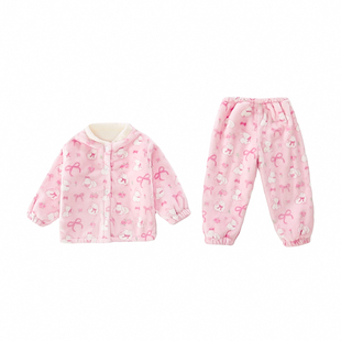 女童法兰绒睡衣秋冬款2025新款女孩双层加厚珊瑚绒保暖家居服套装