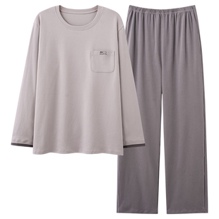 牧柔圆领简约风拉架棉长袖休闲宽松套装秋季套头式可外穿男家居服