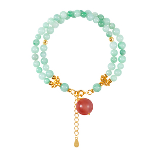 LEFTGO左戈天然缅甸翡翠双圈手链女S925银镀18K金南红5mm圆珠手串