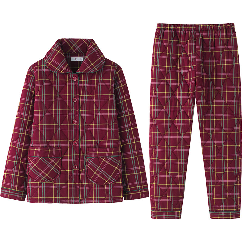 睡衣女冬季加厚保暖套装纯棉夹棉格子棉服棉袄三层家居服套装全棉
