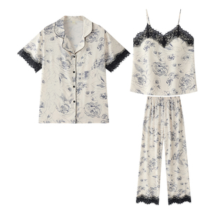 乐姿梦睡衣女士夏季春秋款冰丝长袖吊带三件套短袖蕾丝印花家居服