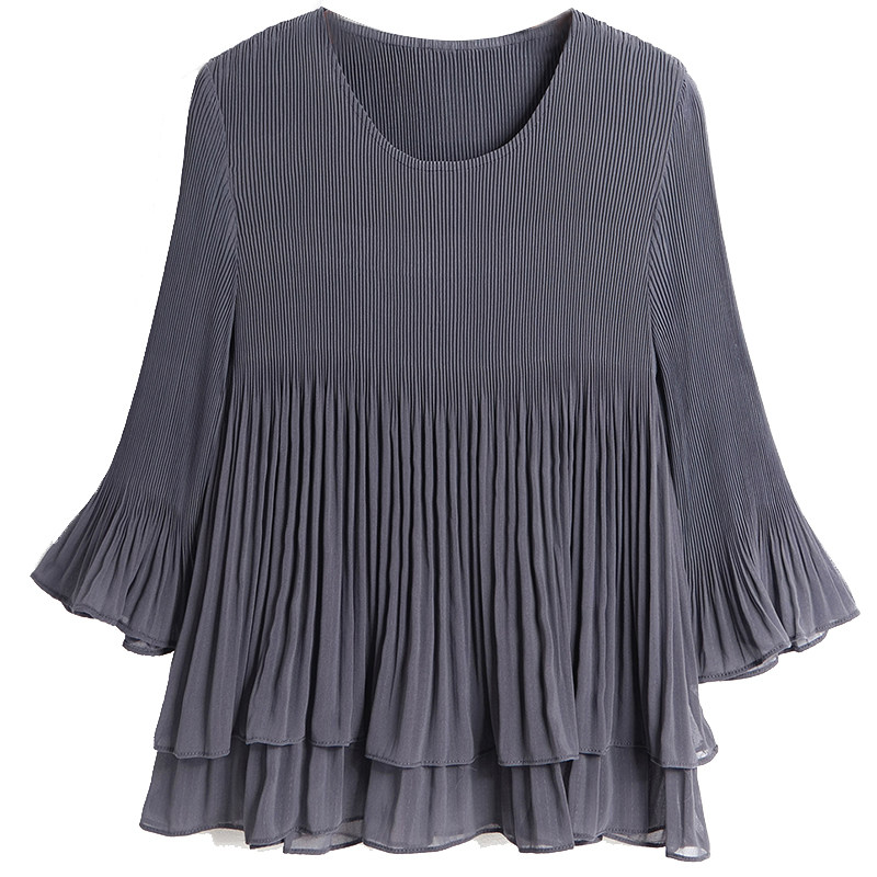 短款上衣女双层荷叶边衣服宽松休闲纯色遮肚子褶皱喇叭袖T恤衫