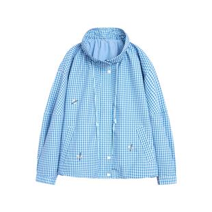 紫涵蓝色格纹立领外套女2026年春季新款韩系通勤绣花宽松拉链上衣