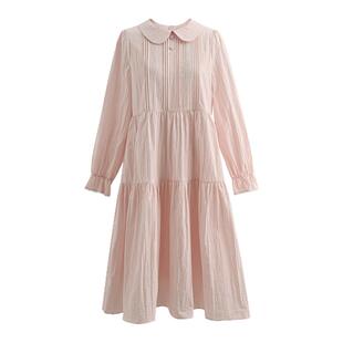 森女部落甜美风娃娃脸领长袖连衣裙女2026新款森系宽松粉色长裙春