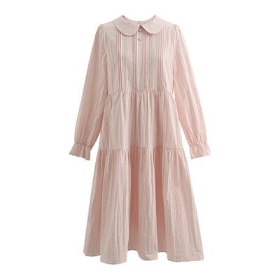 森女部落甜美风娃娃脸领长袖连衣裙女2026新款森系宽松粉色长裙春