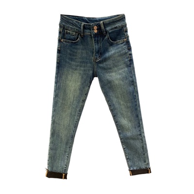 复古蓝色加绒九分小脚牛仔裤女冬