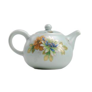 清雅汝窑茶壶珐琅彩牡丹功夫茶具单品防烫侧把泡茶器仿手绘单茶杯