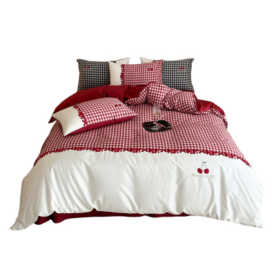 法式全棉经典格子刺绣被套四件套