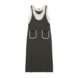 DKNY唐可娜儿26夏季新款针织背心连衣裙女条纹假两件叠穿简约时尚