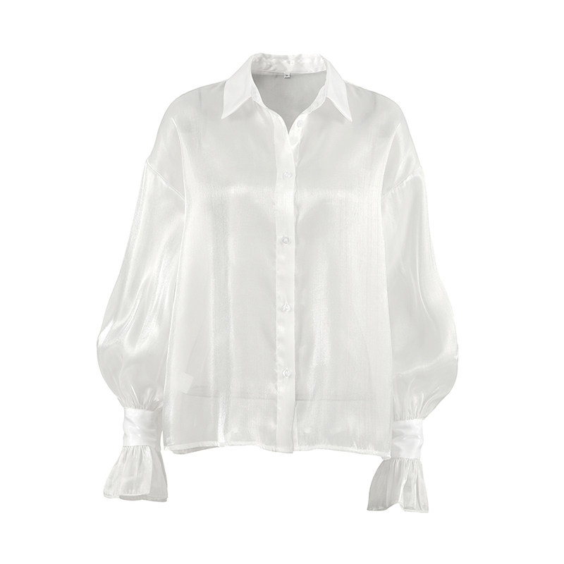 Fashion Shirt欧美女士衬衫透明白色网纱衬衣长袖亮面上衣透视