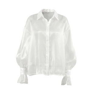 Fashion Shirt欧美女士衬衫透明白色网纱衬衣长袖亮面上衣透视