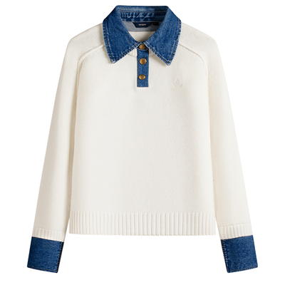 [纯羊毛]Navigare意大利小帆船牛仔翻领假两件毛衣女士休闲针织衫