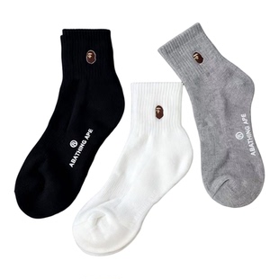 日系猿人刺绣毛巾加厚纯色简约百搭男女中筒运动袜跑步袜篮球袜子