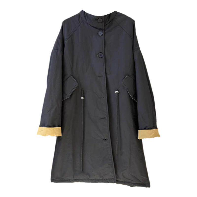 欧货抽绳收腰工装棉服女秋冬2025新款立领宽松中长款夹棉风衣外套