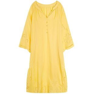 落落狷介 春季长袖连衣裙亚麻宽松V领小个子刺绣镂空裙子2025新款